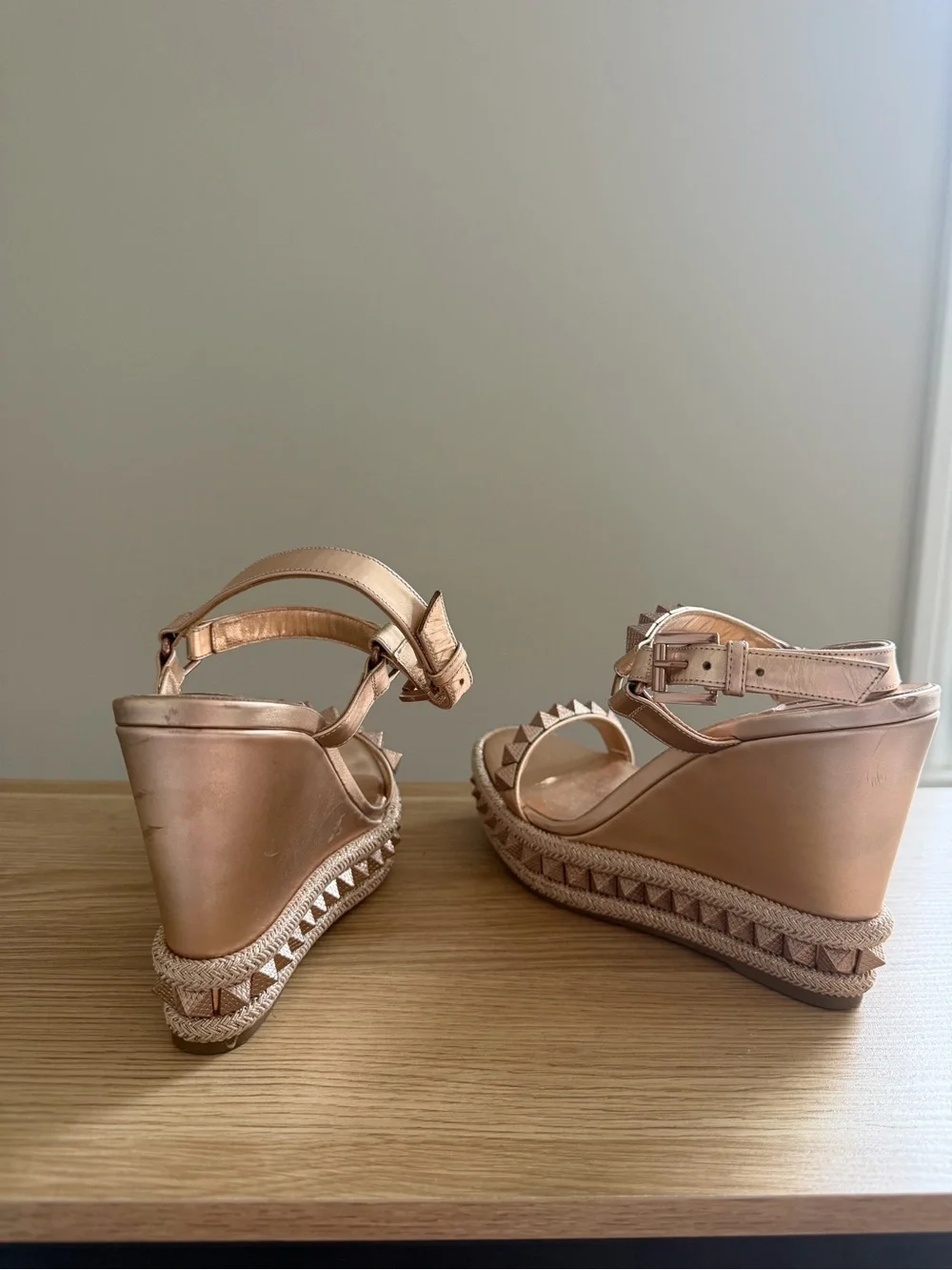 Christian Louboutin Rose Gold Studded Espadrille Wedges